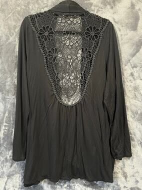 Black Crochet Lace Back Open Front Cardigan Duster Oversized Layering Boho